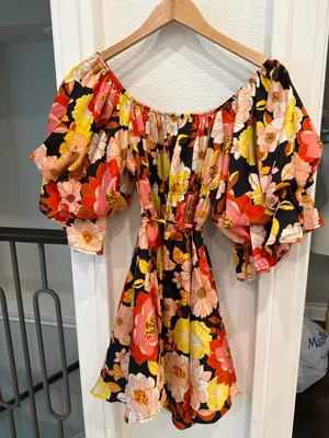 &Merci Retro Floral Puff Sleeve Mini Dress Tie Waist Cottagecore thumbnail 7