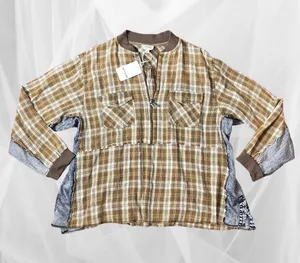 Hey son mixed print plaid denim oversized half zip shirts jacket western grunge thumbnail 1