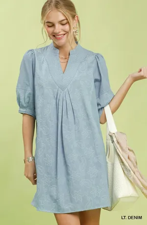 Umgee Print Denim Dress with Contrast Stitch - Small thumbnail 1