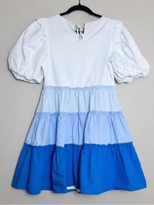 English Factory Colorblock Tiered Ruffled Mini Dress M Blue White Ombre Ruffle thumbnail 1