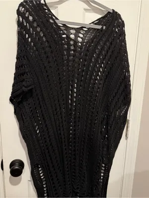 Black Open Knit Crochet Swim Cover Up One Size Boho Beach Tunic Poncho thumbnail 2