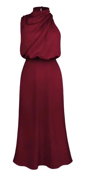 Sweetkama Burgundy Mock High Neck Draped Satin Cocktail Midi Dress Size XL thumbnail 1