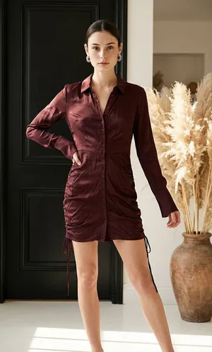 Bardot Sui Shirt Dress in Burgundy Satin thumbnail 1
