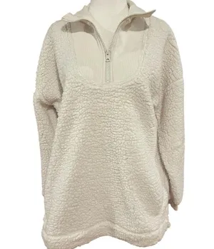 NWT aerie‎ women's oversized Sherpa size xs im cream color quarter zip thumbnail 1