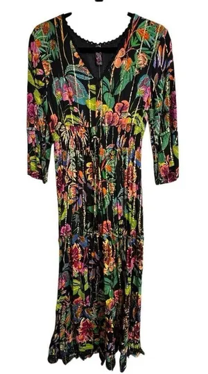 ME 2 MAGIC Anthropologie Black Floral Tropical Colorful‎ Maxi Dress L NWT thumbnail 1