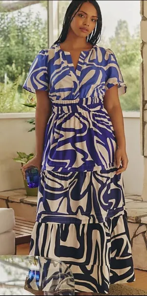Nwot Anthropologie Somerset tiered maxi dress $170 L fall party boho blue wave thumbnail 1