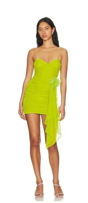 NWT FOR LOVE & LEMONS Lorlai Mini Dress in Lime Green Ruched Dress Medium thumbnail 1