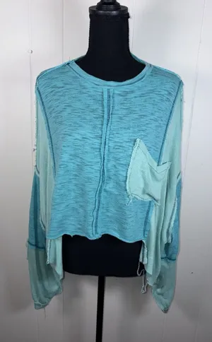 Pol Cropped Boxy Raw Edge Top Womens Blue Contrast Stitch Relaxed‎ Small thumbnail 1