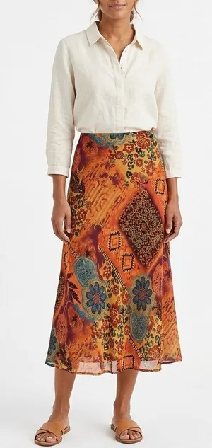 Coldwater Creek Orange Floral Patchwork Midi Skirt thumbnail 1