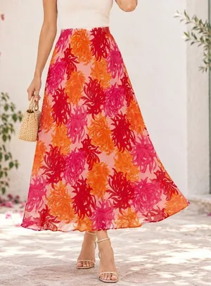 Cato 18W 20W Maxi Skirt Pink Orange Floral Burst Tropical Boho Flowy Beach Airy thumbnail 1
