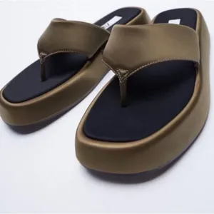 Zara Satin Effect Low Heel Platform Sandals Green Khaki Size EU 36 Minimalist thumbnail 2