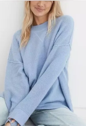 aerie Light Blue Ribbed Crewneck Sweater thumbnail 1