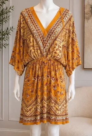 Andree by Unit Womens Dress Mustard Yellow Floral Boho V-Neck Large thumbnail 1