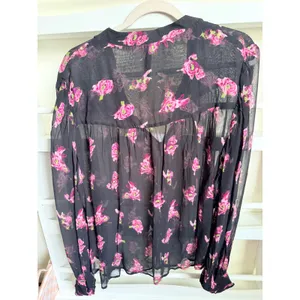 Anthropologie Pink Floral Sheer Button Front Blouse Black Viscose XL Pom Pom thumbnail 3