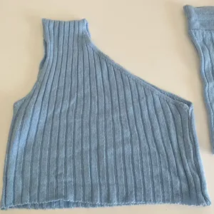 Boohoo Knit Sweater pajama set small Sky Blue one shoulder top & shorts ribbed thumbnail 3