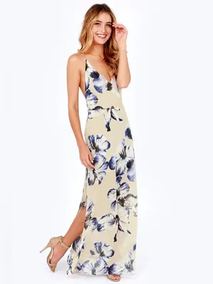 LUSH Long Ivory & Blue Floral Maxi Dress Sz S thumbnail 3