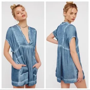 Free People Blue Satin Feel Chambray MINI Dress Size Small thumbnail 3