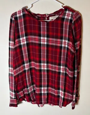 LOFT Red Plaid Long‎ Sleeve Button Back Blouse Size Medium thumbnail 1