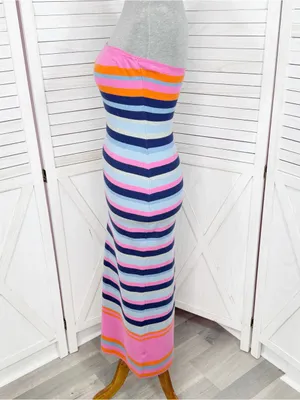 Vici Striped Knit Strapless Sheath Bodycon Midi Dress Pink Blue Size Medium thumbnail 2