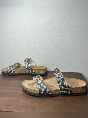 Birkenstock Birkis Tahiti Zebra Stripe Rhomb Glitter Two Strap Sandals Size 7 thumbnail 3