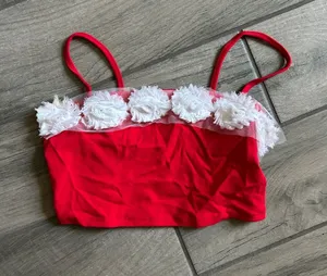 Red Floral-Trim Crop Tank with Spaghetti Straps thumbnail 1