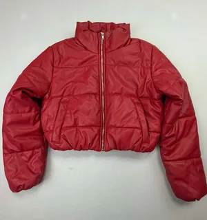 Ambiance Outerwear Women's Red Faux Leather Cropped Puffer Jacket thumbnail 1