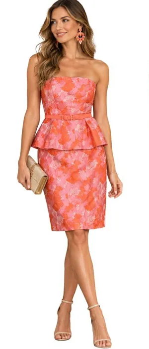 Eva Franco Strapless Peplum Floral Jacquard Dress Women's 2 Pink Orange Cocktail thumbnail 1