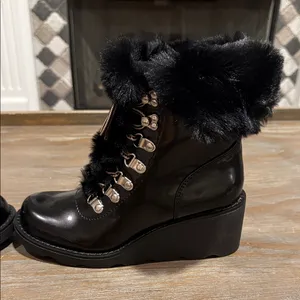 INC Hannia Patent Faux Fur Lace-Up Wedge Booties‎ Black Size 5.5 NIB thumbnail 3