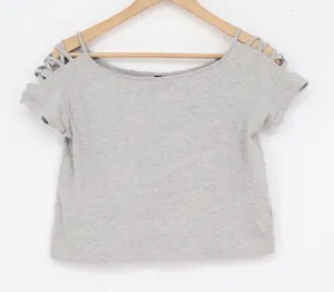 Rio Gray Caged Shoulder Crop Top XS Boat Neck Lattice Sleeve Short Sleeve Tee thumbnail 1