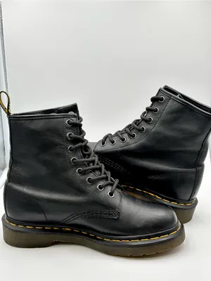 Dr. Martens Black Leather 8-Eye Lace-Up Boots with Yellow Stitching thumbnail 9