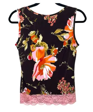 Y2K j.t.b. Floral and lace trim wraps v-neck tank top large brown pink orange poppy thumbnail 2