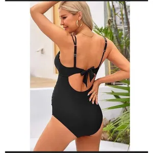 Charmo Women's Ruched Maternity One-Piece Swimsuit Scalloped Neck Black L thumbnail 3