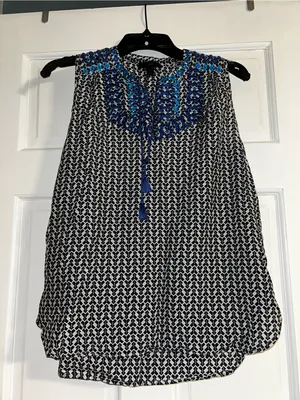 J. Crew Blue & White Printed Sleeveless Tank with Blue Embroidered Yoke thumbnail 3