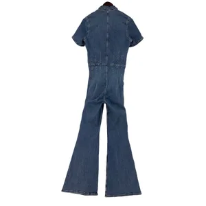 FP We The Free Jayde Flare Denim Jumpsuit Blue Zip Front Retro Romper Size L thumbnail 6