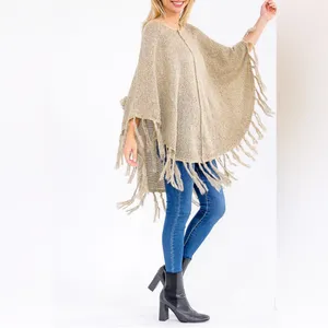 Boutique TRIM FRINGE DETAILED PULLOVER PONCHO Color Taupe thumbnail 2