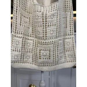 Crochet Mesh Tote Bag Women OS Ivory Open Knit Boho Shoulder Market Beach Bag thumbnail 2