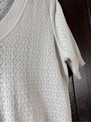 Splendid Cream Short-Sleeve Pointelle V-Neck Sweater Knit Top Medium thumbnail 3