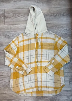 American Eagle Mustard Plaid Hooded Flannel Shirt Jacket L thumbnail 1