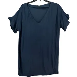 Madewell Easy Mini Dress Womens M Blue Ruffle Sleeves V Neck Preppy‎ SMALL FLAW thumbnail 2