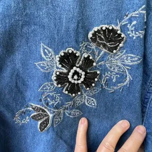 Andrew Sport size 1X boxy embroidered beaded velvet trim button down top. thumbnail 7