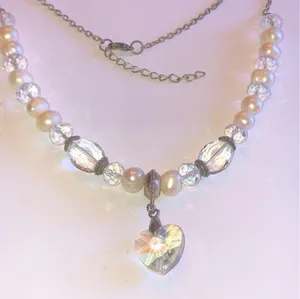 Silver Tone Genuine Pearls & Clear AB Beaded Boho Heart Pendant Necklace thumbnail 1