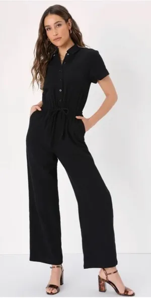 Lulus - Laidback Living Black Button-Front Short Sleeve Jumpsuit thumbnail 1