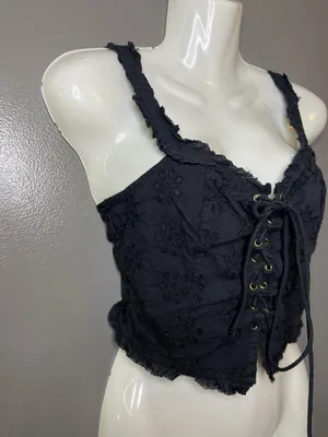Urban Outfitters Tank Top Womens Small Black Embroidered Floral Lace Up Cropped thumbnail 2