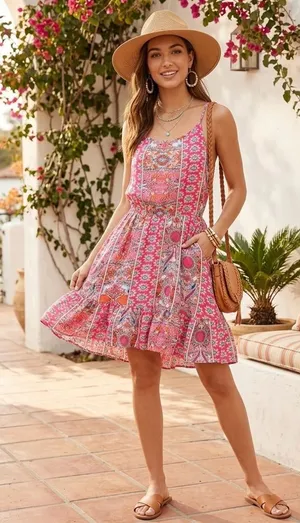 Boho Pink Paisley Tiered Mini Dress // Vibrant Summer Solstice Vibe M thumbnail 1