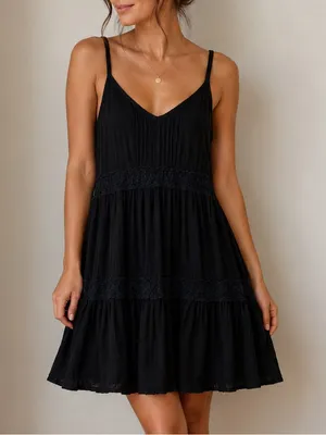 Aerie Black Lace Detailed Babydoll Dress in Black thumbnail 1