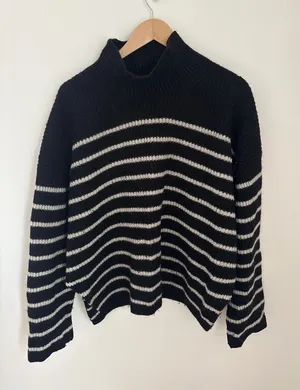 AllSaints Black White Striped Wool‎ Cashmere Mock Neck Sweater Large Ribbed Knit thumbnail 1