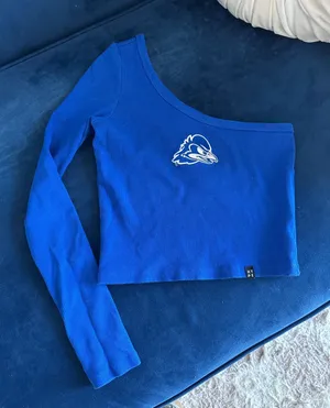 University of Delaware Blue One-Shoulder Ribbed Crop Top thumbnail 1
