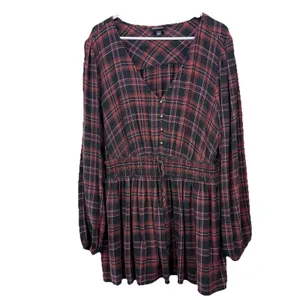 Torrid Plaid Babydoll Flannel Crinkle Gauze‎ Smocked Tie Waist Top Size 1X thumbnail 6