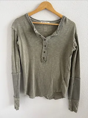 Free People We The Free Olive Henley Long Sleeve Top with Distressed Trim Medium thumbnail 1