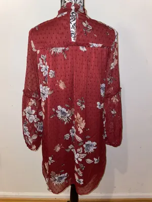 Japna Red Floral Boho Semi Sheer Ruffle Neck Long Sleeve Shift Dress Size Small thumbnail 6
